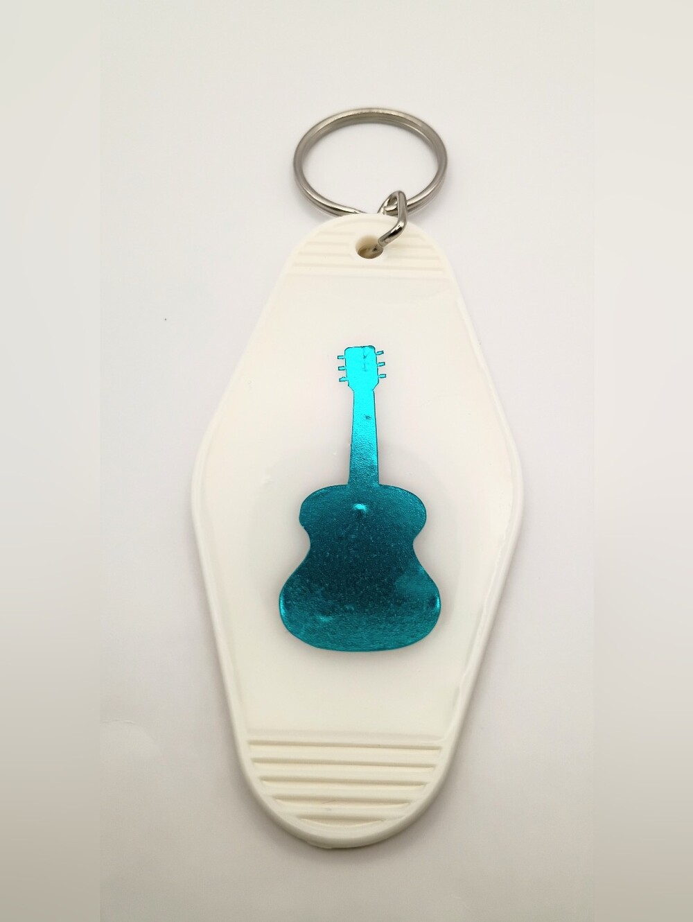 Motel Keychain Custom Retro Styled Blue Metallic Guitar Keyring